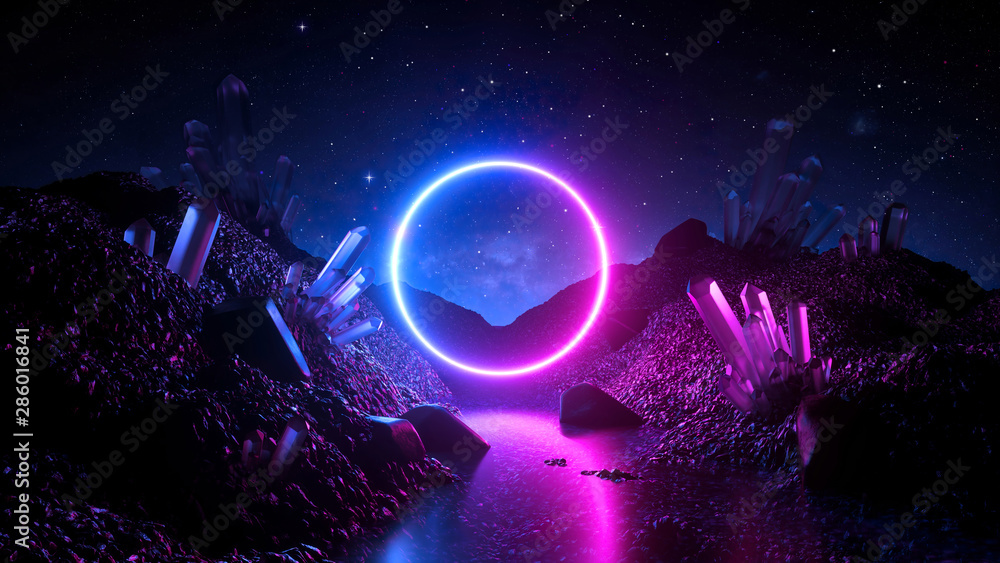 3d render, abstract neon background, mystical cosmic landscape, pink blue glowing ring over terrain, round frame, virtual reality, dark space, ultraviolet light, crystal mountains, rocks, ground - obrazy, fototapety, plakaty 