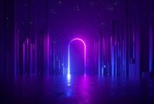 3d Render, Abstract Neon Background, Mysterious Landscape With Pink Blue Glowing Arc, Ultraviolet Light, Virtual Reality