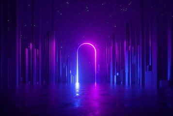 Wall Mural - 3d render, abstract neon background, mysterious landscape with pink blue glowing arc, ultraviolet light, virtual reality