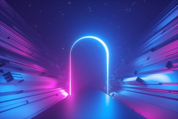 Wall Mural - 3d render, abstract neon background, pink blue glowing arc, ultraviolet light, mysterious portal, virtual reality