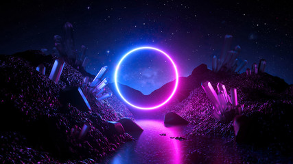 3d render, abstract neon background, mystical cosmic landscape, pink blue glowing ring over terrain,