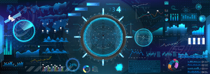 Wall Mural - Intelligent technology HUD, UI, UX vector design elements. Network management data screen with charts and diagrams. Futuristic Sci-Fi user Interface HUD with colored infographic digital illustration
