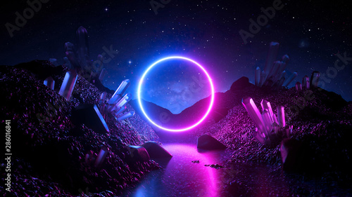 Cuadros en Lienzo 3d render, abstract neon background, mystical cosmic landscape, pink blue glowin