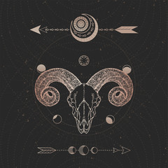 Vector illustration with hand drawn Ram skull and Sacred geometric symbol on black vintage background. Abstract mystic sign.