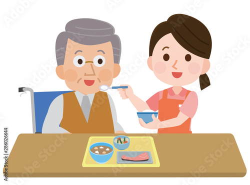 おじいさんに食事介助する女性 イラスト Stock Vector Adobe Stock