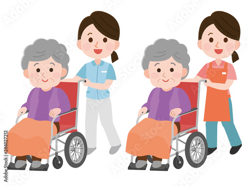 車椅子のおばあさんを介助する女性介護士 イラスト Buy This Stock