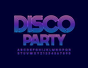 vector bright emblem disco party. colorful uppercase font. modern alphabet letters and numbers