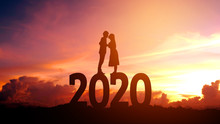 2020 Newyear Silhouette Young Couple Happy For  Romantic New Year Concept.