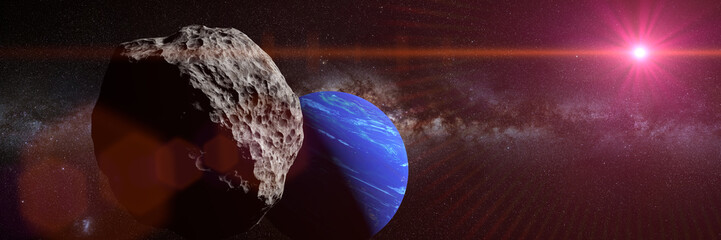 Wall Mural - planet Neptune with one of its moons lit by the Sun