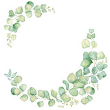 Fototapeta  - Green eucalyptus leaves watercolor wreath illustration