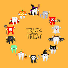 Cartoon Spooky Tooth In Halloween Costumes. Trick Or Treat, Halloween Concept. Illustration Isolated On Orange Background.