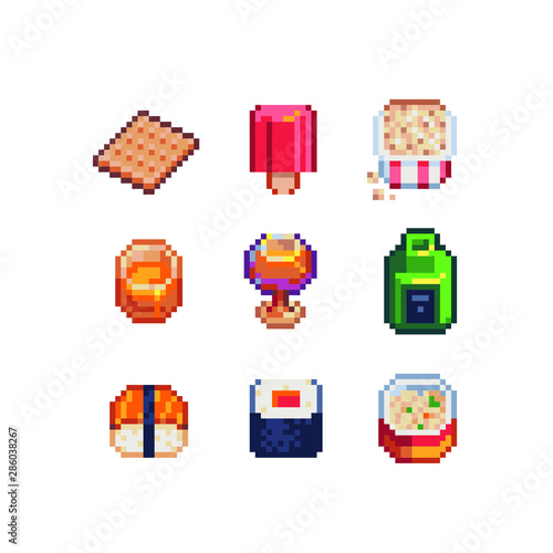 food pixel art icons fast food rolls and sushi noodles sandwich ice cream popcorn design for logo sticker web mobile app 8 bit buy this stock vector and explore similar vectors at food pixel art icons fast food rolls