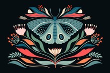 Decorative Abstract Poster/card/fashion Textile Illustration With Moth And Plants