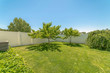 Yard of a home with lush grasses and small trees against blue sky on a sunny day