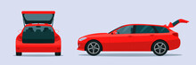 Red Station Wagon Car With Open Boot. Side And Back View. Vector Flat Style Illustration.