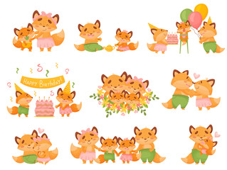 Wall Mural - set of images of a family of foxes in different situations. vector illustration on a white backgroun