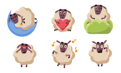 Poster - Cute Sheep Character Set, Funny Farm Animal in Different Situations and Emotions Vector Illustration