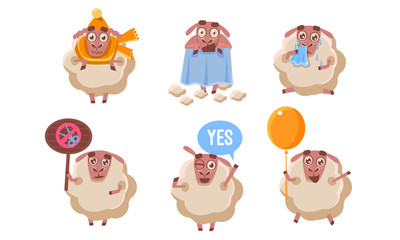 Wall Mural - Cute Funny Sheep Character Set, Adorable Farm Animal in Different Situations Vector Illustration