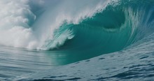 Giant Blue Wave Breaking And Barreling With Amazing Spray In Slow Motion, The World's Most Perfect Wave, Enormous Empty Wave Breaking