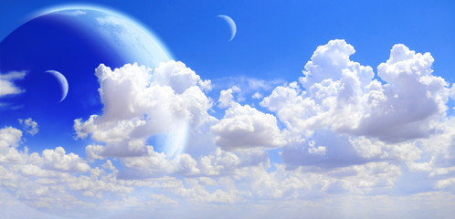 Wall Mural - fantastic sky with white clouds and three planets
