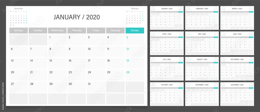 Calendar 2020 week start Monday corporate design planner template. Calendar planner A4 size. - obrazy, fototapety, plakaty 