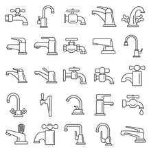 Water Faucet Icons Set. Outline Set Of Water Faucet Vector Icons For Web Design Isolated On White Background