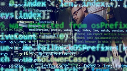 Wall Mural - multiple layers of codes and the male programmer shown beneath them