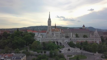 Wall Mural - Aerial panoramic of view Fisherman's bastion or Halaszbastya and Matthias Church of the Buda castle at Buda side in central Budapest