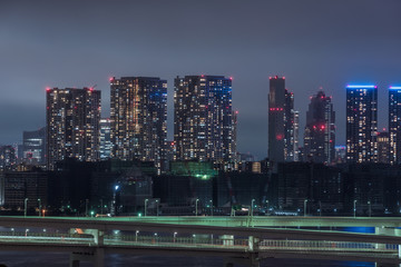 Wall Mural - Panoramic modern city skyline bird eye aerial view of Tokyo bay under rainy night