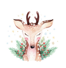 Wall Mural - Watercolor cute cartoon deer animal portrait design. Winter holiday card on white background. New year fawn decoration, merry christmas postcard