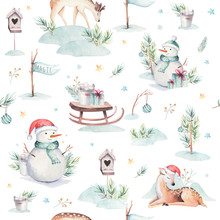 Watercolor Seamless Pattern With Cute Baby Deer, Snowman, Bunny And Deer Cartoon Animal Portrait Design. Winter Holiday Bear Card On White. New Year Decoration, Merry Christmas Element