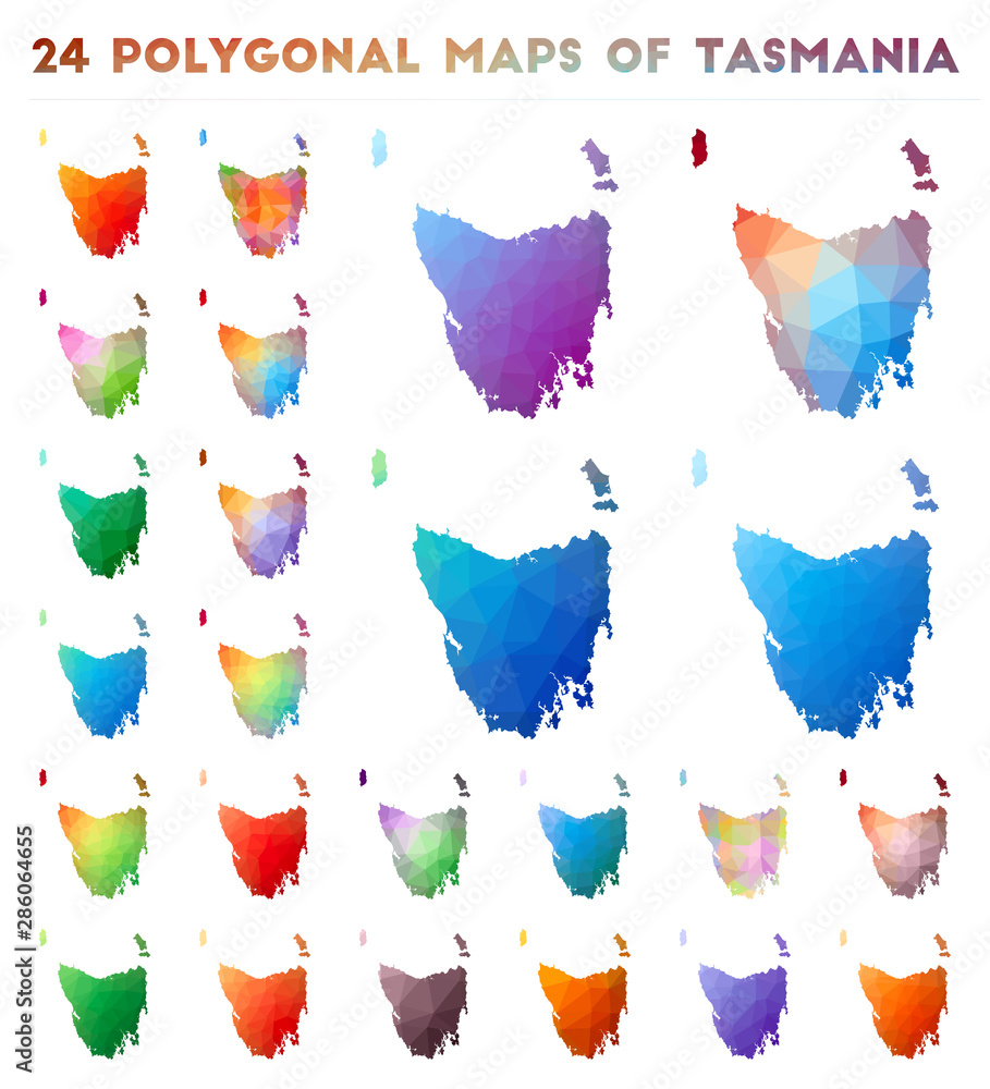 Set of vector polygonal maps of Tasmania. Bright gradient map of island ...