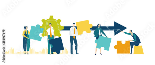 Leinwand Poster  Group of young business people working together with puzzles as symbol of collaborating, solving problems, thinking about creative idea, brainstorming and teamwork concept