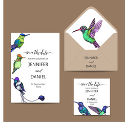 Wall Mural - Template for wedding invitation. Card vector illustration with hummingbird.