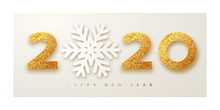 Merry Christmas And Happy New Year 2020 Banner With Golden Luxury Numbers And Snowflake. Gold Festive Numbers Design. Vector Illustration