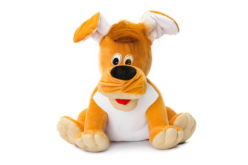 Image of yellow funny toy dog sitting at isolated white background.