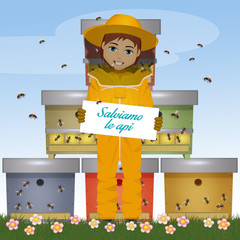 Sticker - illustration of beekeeper man with card save the bees