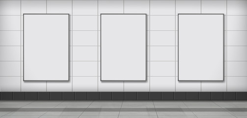 Three blank white ad vertical banners or posters hanging on tilled wall in subway station, public building corridor 3d realistic vector illustration. Indoor advertising, promoting campaign elements