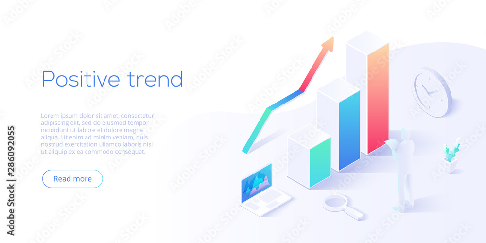 Positive trend isometric vector illustration. Business analysis for company marketing solutions or financial performance. Budget accounting or statistics concept for increasing income. - obrazy, fototapety, plakaty 