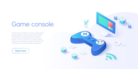 Video game controller and smart tv in isometric vector illustration. Television set with videogame console joystick connected via wi-fi internet. Web banner layout template for website or social media
