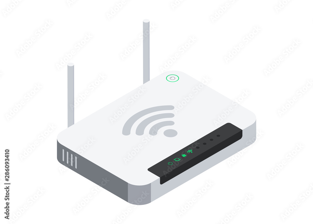 Isometric wi-fi router with two antennas and power button. Vector illustration isolated on white background. - obrazy, fototapety, plakaty 
