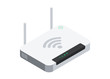 © abyssdesign - Isometric wi-fi router with two antennas and power button. Vector illustration isolated on white background.