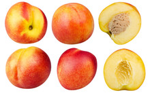 Nectarines Isolated. Collection Of Different Whole Nectarine Fruits And Halves Nectarine Fruits Isolated On White Background With Clipping Path