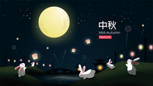 Rabbits Are Having Fun By The River On The Full Moon Night And Beautiful Hanging Lanterns.Mid Autumn Festival Vector Design. Chinese Translation: Mid Autumn. Chinese Moon Cake Festival.