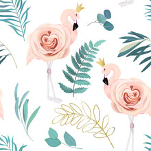 Abstract Seamless Pattern With Flamingos, Roses And Eucalyptus Branches. Watercolor Summer Print. Vector Illustration