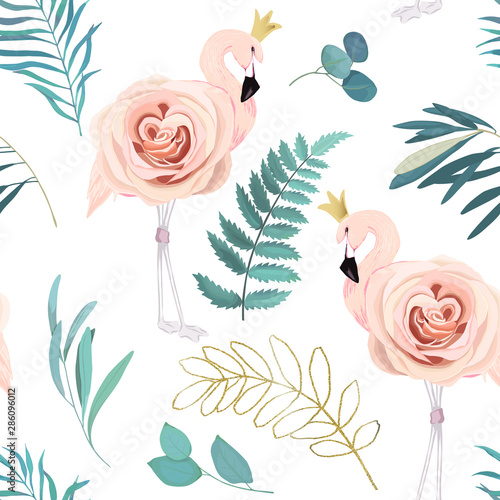 Cotton fabric Abstract seamless pattern with flamingos, roses and eucalyptus branches. Watercolor summer print. Vector illustration