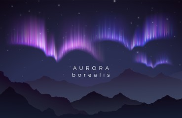 aurora borealis vector illustration. northern night starry sky backgroung with mountains silhouette.