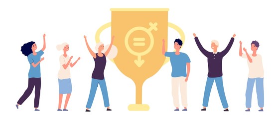 Gender equality victory. Happy flat male and female characters and winner cup vector illustration. Female and male gende with victory cup