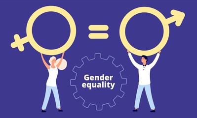 Gender equality concept. Flat vector male and female characters with sex sign. Illustration gender equality, male and female, balance man woman