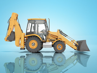 Construction equipment excavator loader with jaw bucket at the base of the tractor left view 3d render on blue background with shadow